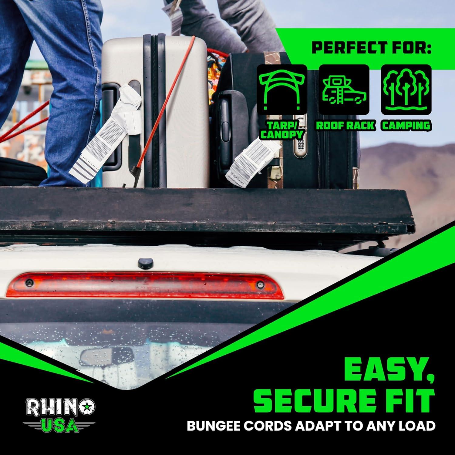 imageRhino USA Rubber Bungee Cords Heavy Duty Outdoor with Adjustable Hooks 12Pack Assorted Weatherproof Straps with S Hooks for Tarps Cargo Motorcycle Truck and More 185lbs Load CapacityMulticolor