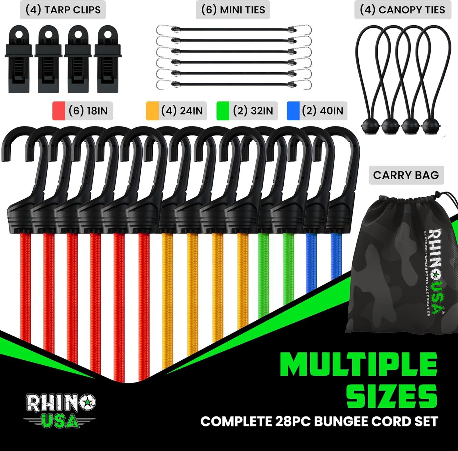 imageRhino USA Rubber Bungee Cords Heavy Duty Outdoor with Adjustable Hooks 12Pack Assorted Weatherproof Straps with S Hooks for Tarps Cargo Motorcycle Truck and More 185lbs Load CapacityMulticolor