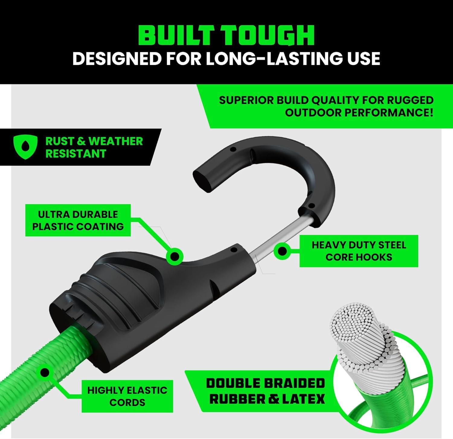 imageRhino USA Rubber Bungee Cords Heavy Duty Outdoor with Adjustable Hooks 12Pack Assorted Weatherproof Straps with S Hooks for Tarps Cargo Motorcycle Truck and More 185lbs Load CapacityMulticolor