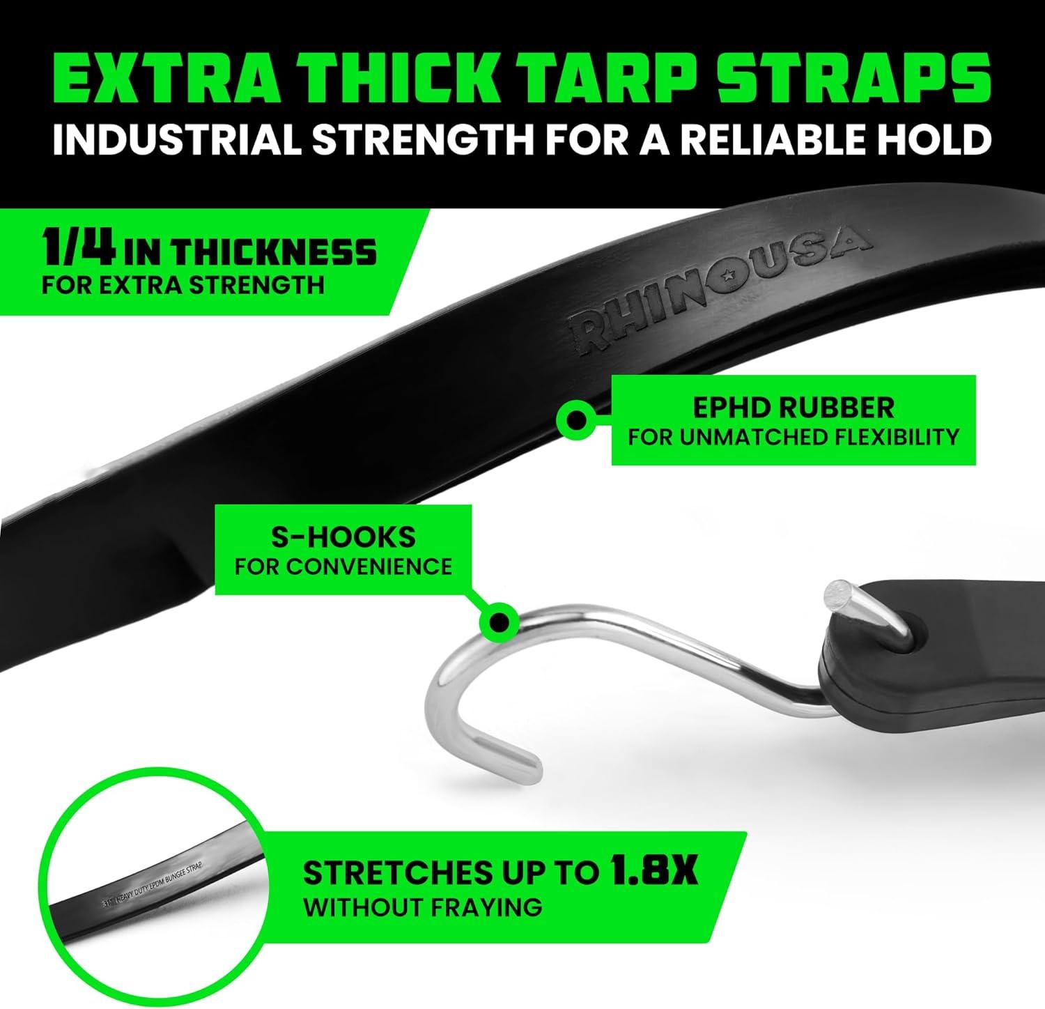 imageRhino USA Rubber Bungee Cords Heavy Duty Outdoor with Adjustable Hooks 12Pack Assorted Weatherproof Straps with S Hooks for Tarps Cargo Motorcycle Truck and More 185lbs Load CapacityBlack