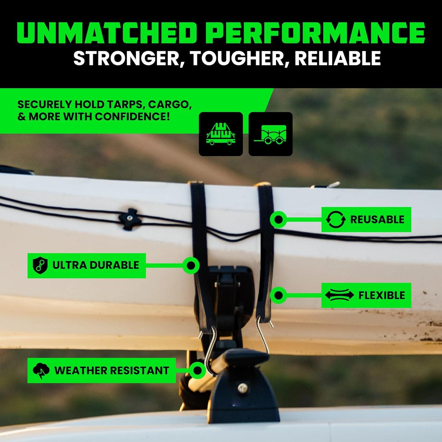 imageRhino USA Rubber Bungee Cords Heavy Duty Outdoor with Adjustable Hooks 12Pack Assorted Weatherproof Straps with S Hooks for Tarps Cargo Motorcycle Truck and More 185lbs Load CapacityBlack