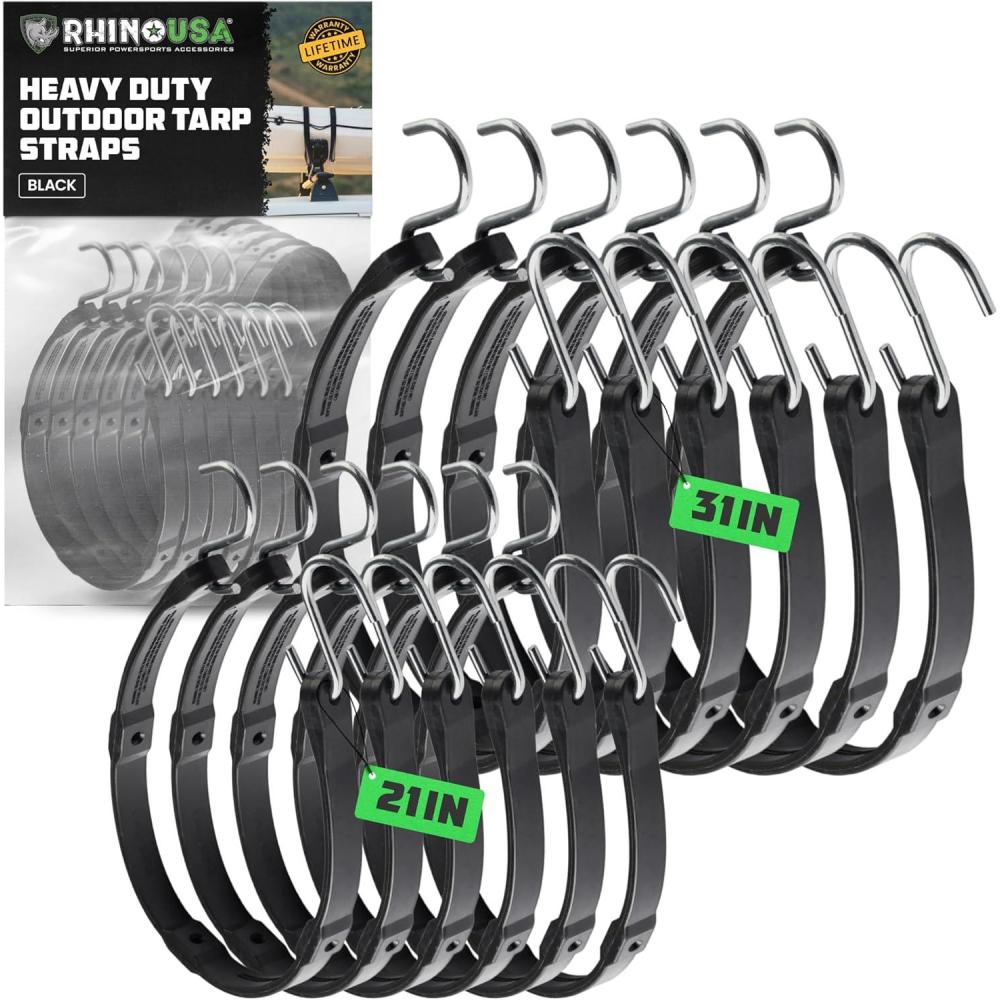 imageRhino USA Rubber Bungee Cords Heavy Duty Outdoor with Adjustable Hooks 12Pack Assorted Weatherproof Straps with S Hooks for Tarps Cargo Motorcycle Truck and More 185lbs Load CapacityBlack