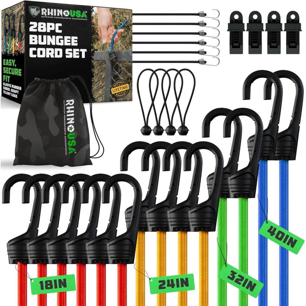 imageRhino USA Rubber Bungee Cords Heavy Duty Outdoor with Adjustable Hooks 12Pack Assorted Weatherproof Straps with S Hooks for Tarps Cargo Motorcycle Truck and More 185lbs Load CapacityMulticolor