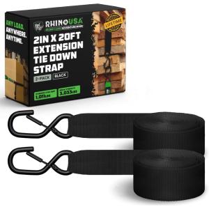 image2 Pack Ratchet Strap Extension  20 FT x 2 Inch with Loops Every 5 FT  SHook with Safety Clip  3033 LB Break Strength  Cargo Tie Down for Oversized Loads Boxes Moving HaulingBlack