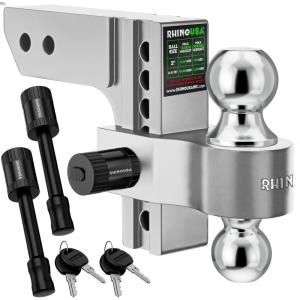 imageRhino USA Adjustable Trailer Hitch 25Inch Receiver  Heavy Duty Aluminum Tow Hitches with 8Inch DropRise for Truck 18500 LBS GTW  Weatherproof Double AntiTheft Locking Hitch Pins SilverBrushed Aluminum