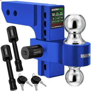 imageRhino USA Adjustable Trailer Hitch 25Inch Receiver  Heavy Duty Aluminum Tow Hitches with 8Inch DropRise for Truck 18500 LBS GTW  Weatherproof Double AntiTheft Locking Hitch Pins SilverBlue