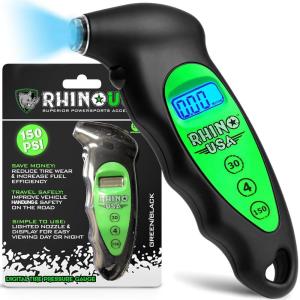 imageRhino USA Digital Tire Pressure Gauge 150 PSI 4 Ranges Ergonomic Design wLighted Nozzle ampamp LCD Backlit Display  Certified Accurate Readings Best Digital Gage BlackGreen