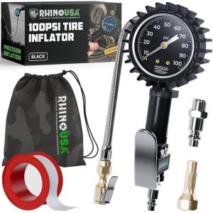 imageRhino USA Digital Tire Pressure Gauge with Inflator 0200 PSI  Heavy Duty Air Chuck and Compressor Accessories with Stainless Braided Hose Large 2quot Dial and Solid Brass Hardware for Truck and RV100psi Analog