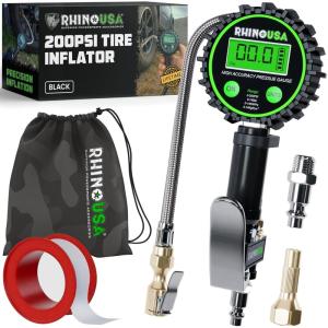 imageRhino USA Digital Tire Pressure Gauge with Inflator 0200 PSI  Heavy Duty Air Chuck and Compressor Accessories with Stainless Braided Hose Large 2quot Dial and Solid Brass Hardware for Truck and RV200psi Digital