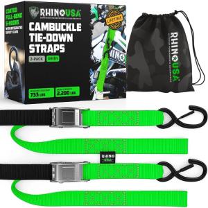 imageRhino USA Motorcycle Tie Down Straps 2 Pack Lab Inspected 2200lb Break Strength Steel Cambuckle Tiedown Set with Integrated Soft Loops  Better Than a Ratchet Strap Green 2PackGreen 2Pack