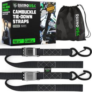 imageRhino USA Motorcycle Tie Down Straps 2 Pack Lab Inspected 2200lb Break Strength Steel Cambuckle Tiedown Set with Integrated Soft Loops  Better Than a Ratchet Strap Green 2PackBlack 2Pack