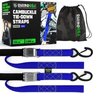 imageRhino USA Motorcycle Tie Down Straps 2 Pack Lab Inspected 2200lb Break Strength Steel Cambuckle Tiedown Set with Integrated Soft Loops  Better Than a Ratchet Strap Green 2PackBlue 2Pack