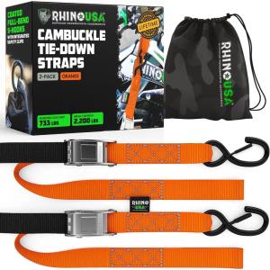 imageRhino USA Motorcycle Tie Down Straps 2 Pack Lab Inspected 2200lb Break Strength Steel Cambuckle Tiedown Set with Integrated Soft Loops  Better Than a Ratchet Strap Green 2PackOrange 2Pack