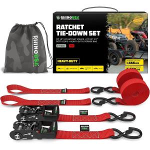 imageRhino USA Ratchet Straps Heavy Duty Kit 2Pack  16 Inch x 8 Feet 5208lb Break Strength  Ultimate Tie Down Straps with Safety S Hooks for Trucks ATV UTV Motorcycle Cargo ampamp More  GreenRed