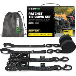 imageRhino USA Ratchet Straps Heavy Duty Kit 2Pack  16 Inch x 8 Feet 5208lb Break Strength  Ultimate Tie Down Straps with Safety S Hooks for Trucks ATV UTV Motorcycle Cargo ampamp More  GreenBlack