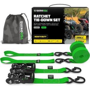 imageRhino USA Ratchet Straps Heavy Duty Kit 2Pack  16 Inch x 8 Feet 5208lb Break Strength  Ultimate Tie Down Straps with Safety S Hooks for Trucks ATV UTV Motorcycle Cargo ampamp More  GreenGreen