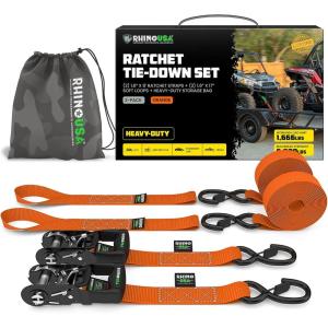 imageRhino USA Ratchet Straps Heavy Duty Kit 2Pack  16 Inch x 8 Feet 5208lb Break Strength  Ultimate Tie Down Straps with Safety S Hooks for Trucks ATV UTV Motorcycle Cargo ampamp More  GreenOrange