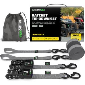 imageRhino USA Ratchet Straps Heavy Duty Kit 2Pack  16 Inch x 8 Feet 5208lb Break Strength  Ultimate Tie Down Straps with Safety S Hooks for Trucks ATV UTV Motorcycle Cargo ampamp More  GreenGray