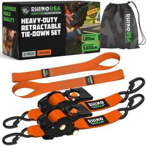 imageRhino USA Retractable Ratchet Straps 2Pack  2 Inch x 10 Feet 3033lb Break Strength  Heavy Duty Auto Self Retracting Tie Down Straps for Truck Cargo Trailer Motorcycle Rad ampamp More  RedOrange