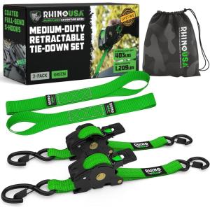 imageRhino USA Retractable Ratchet Straps 4Pack  1 Inch x 10 Feet 1209lb Break Strength  Auto Self Retracting Tie Down Straps for Truck Cargo Trailer Motorcycle ATV UTV  BlackGreen