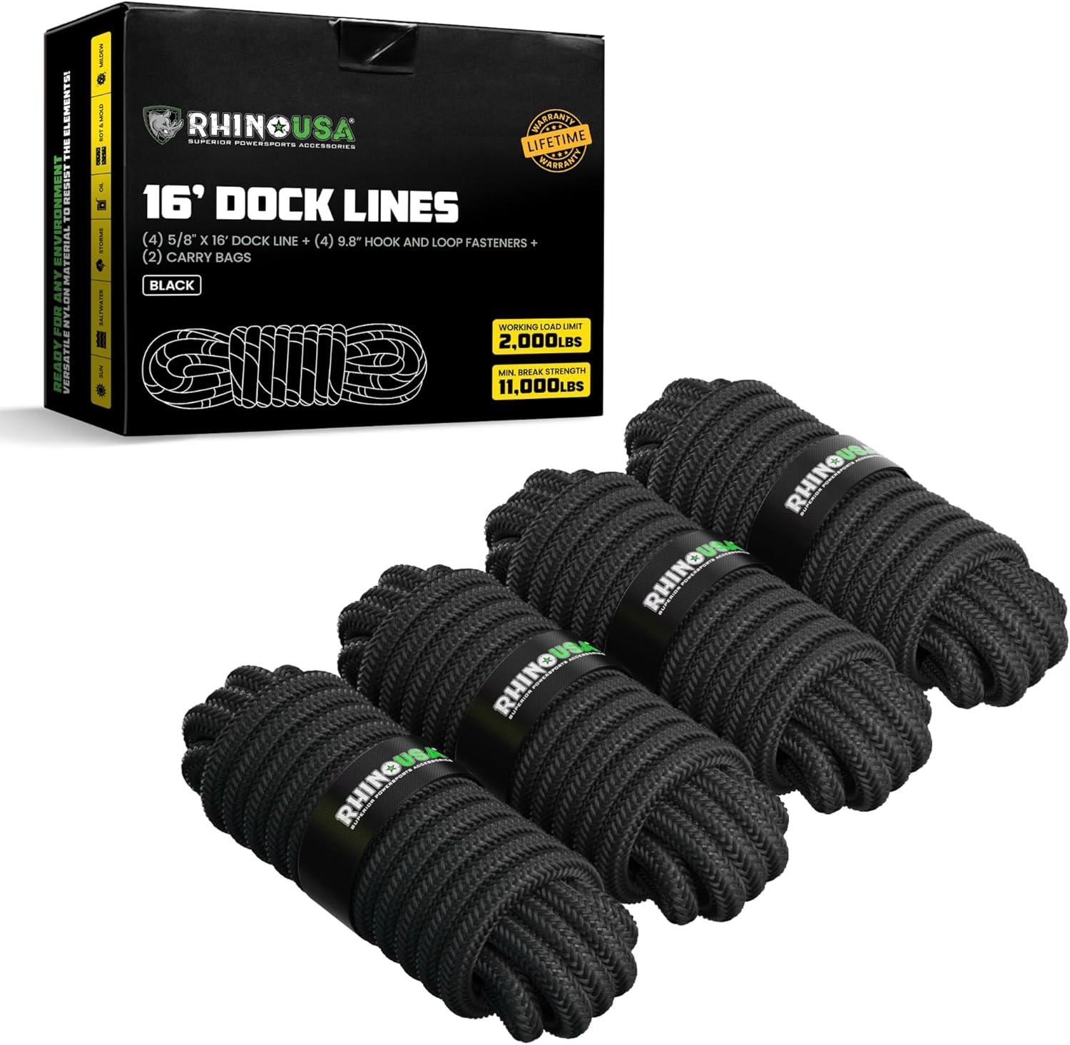 imageRhino USA 12quot x 16 Dock Lines  Heavy Duty Marine Grade Rope for Boats Kayaks Pontoons Fishing and More Ultimate Boating Accessory  BlackBlack