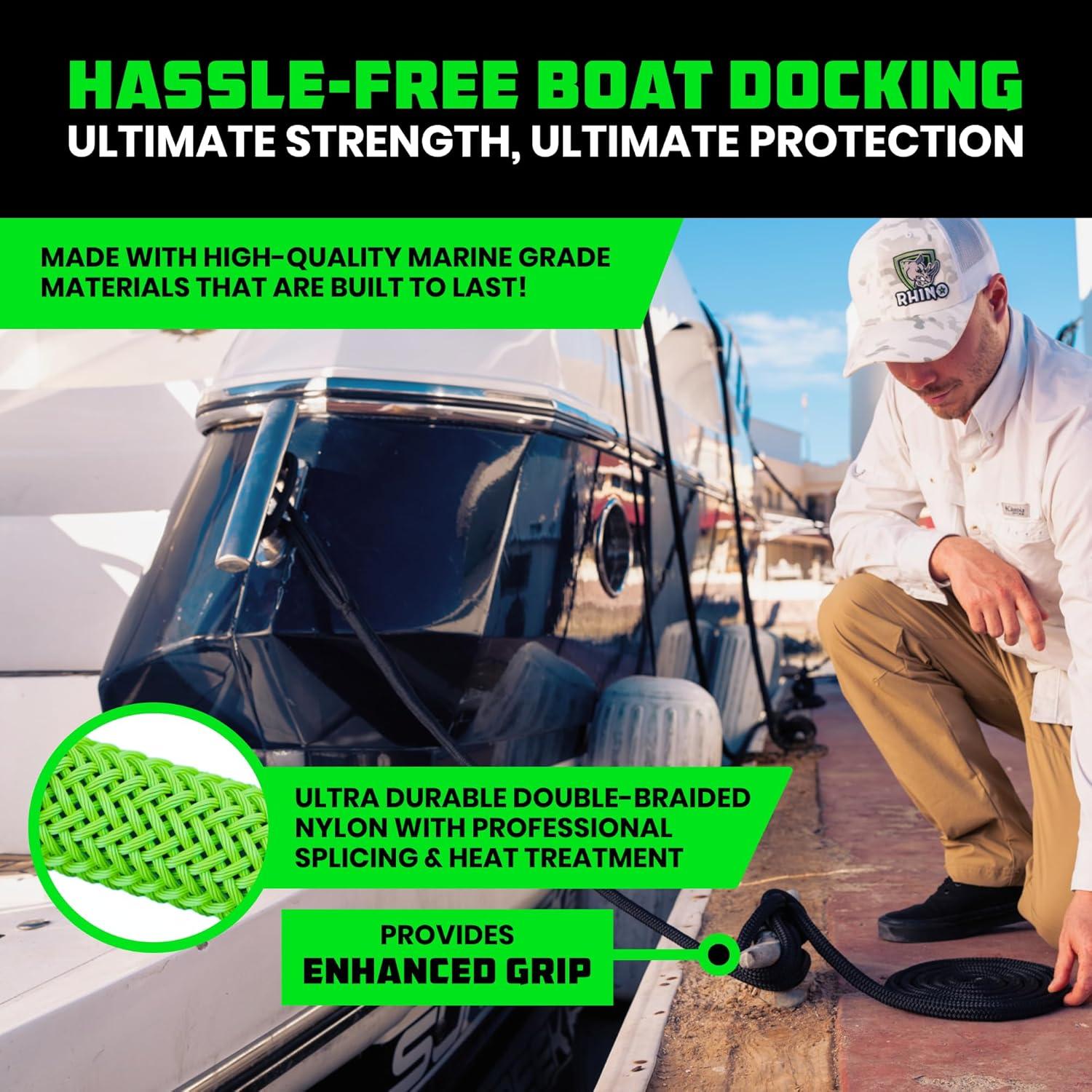 imageRhino USA 12quot x 16 Dock Lines  Heavy Duty Marine Grade Rope for Boats Kayaks Pontoons Fishing and More Ultimate Boating Accessory  BlackBlack