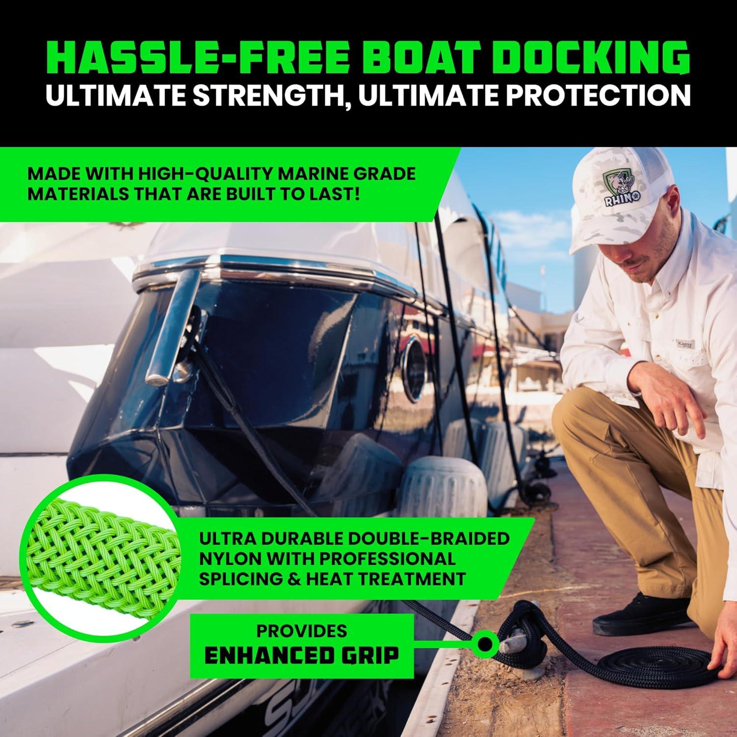 imageRhino USA 12quot x 16 Dock Lines  Heavy Duty Marine Grade Rope for Boats Kayaks Pontoons Fishing and More Ultimate Boating Accessory  BlackBlack