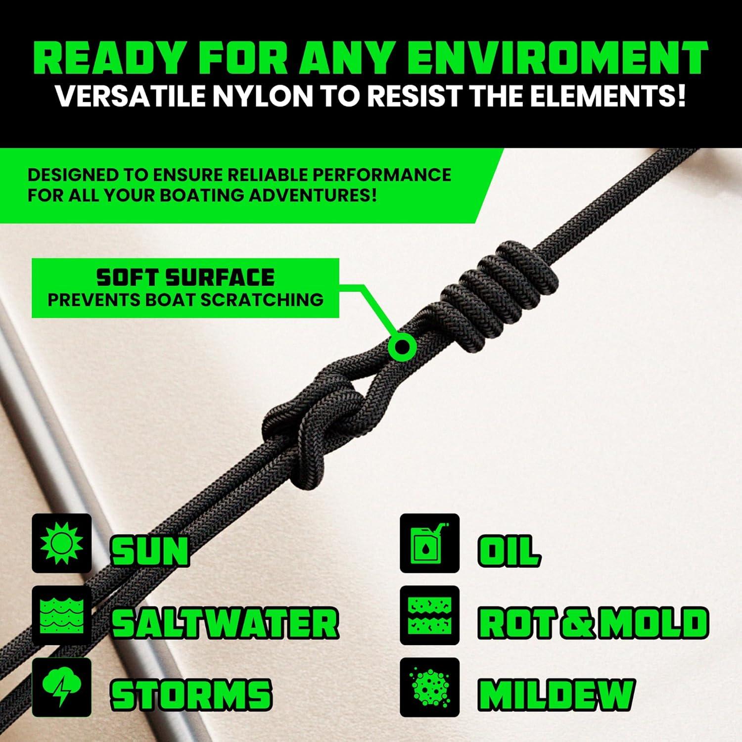 imageRhino USA 12quot x 16 Dock Lines  Heavy Duty Marine Grade Rope for Boats Kayaks Pontoons Fishing and More Ultimate Boating Accessory  BlackBlack