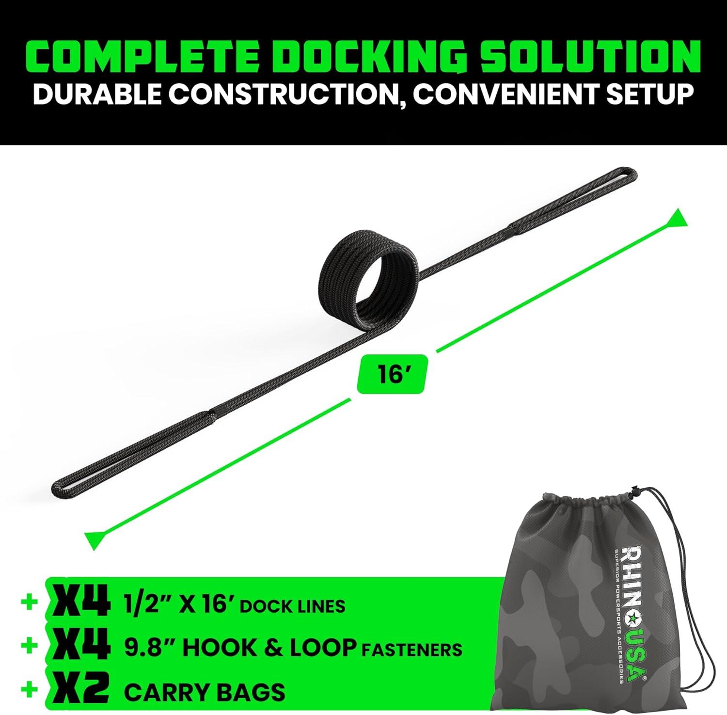 imageRhino USA 12quot x 16 Dock Lines  Heavy Duty Marine Grade Rope for Boats Kayaks Pontoons Fishing and More Ultimate Boating Accessory  BlackBlack