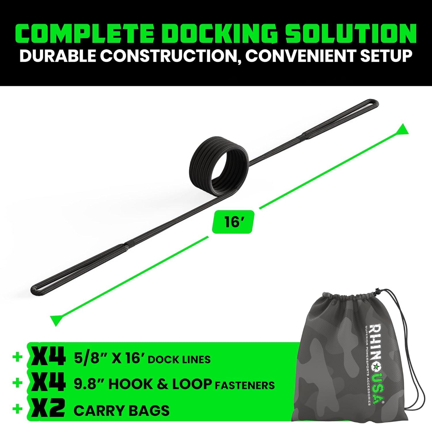 imageRhino USA 12quot x 16 Dock Lines  Heavy Duty Marine Grade Rope for Boats Kayaks Pontoons Fishing and More Ultimate Boating Accessory  BlackBlack