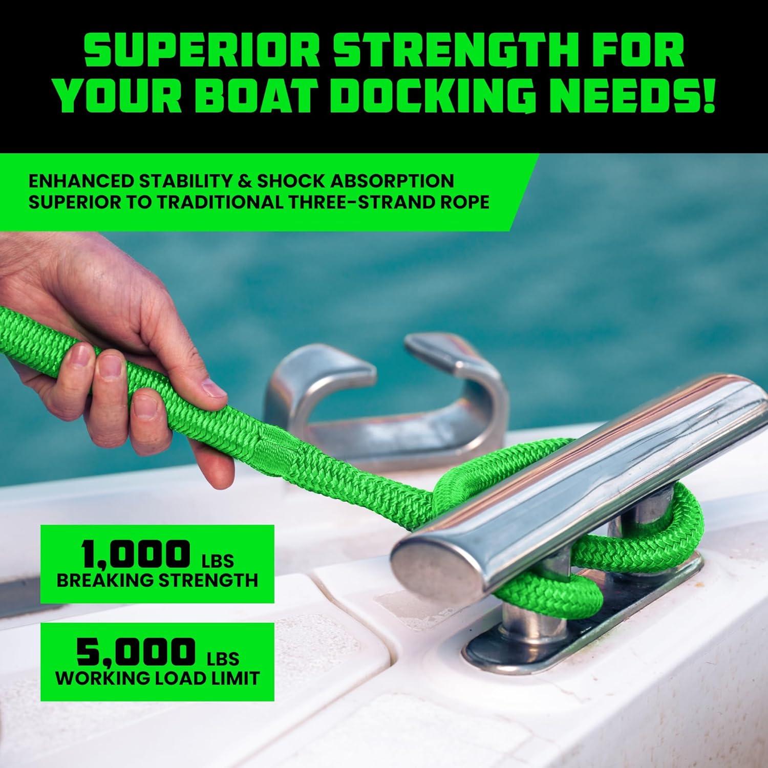 imageRhino USA 12quot x 16 Dock Lines  Heavy Duty Marine Grade Rope for Boats Kayaks Pontoons Fishing and More Ultimate Boating Accessory  BlackGreen