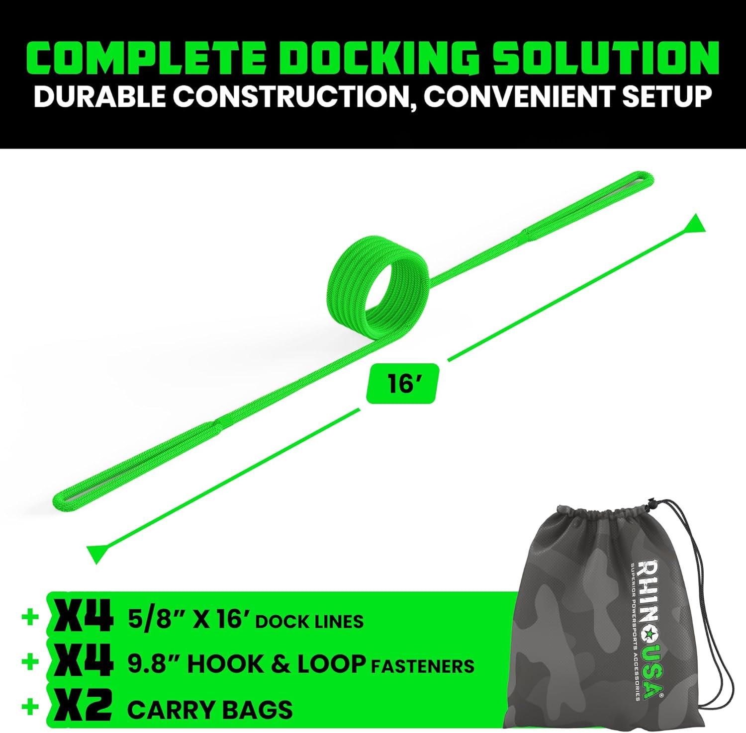 imageRhino USA 12quot x 16 Dock Lines  Heavy Duty Marine Grade Rope for Boats Kayaks Pontoons Fishing and More Ultimate Boating Accessory  BlackGreen