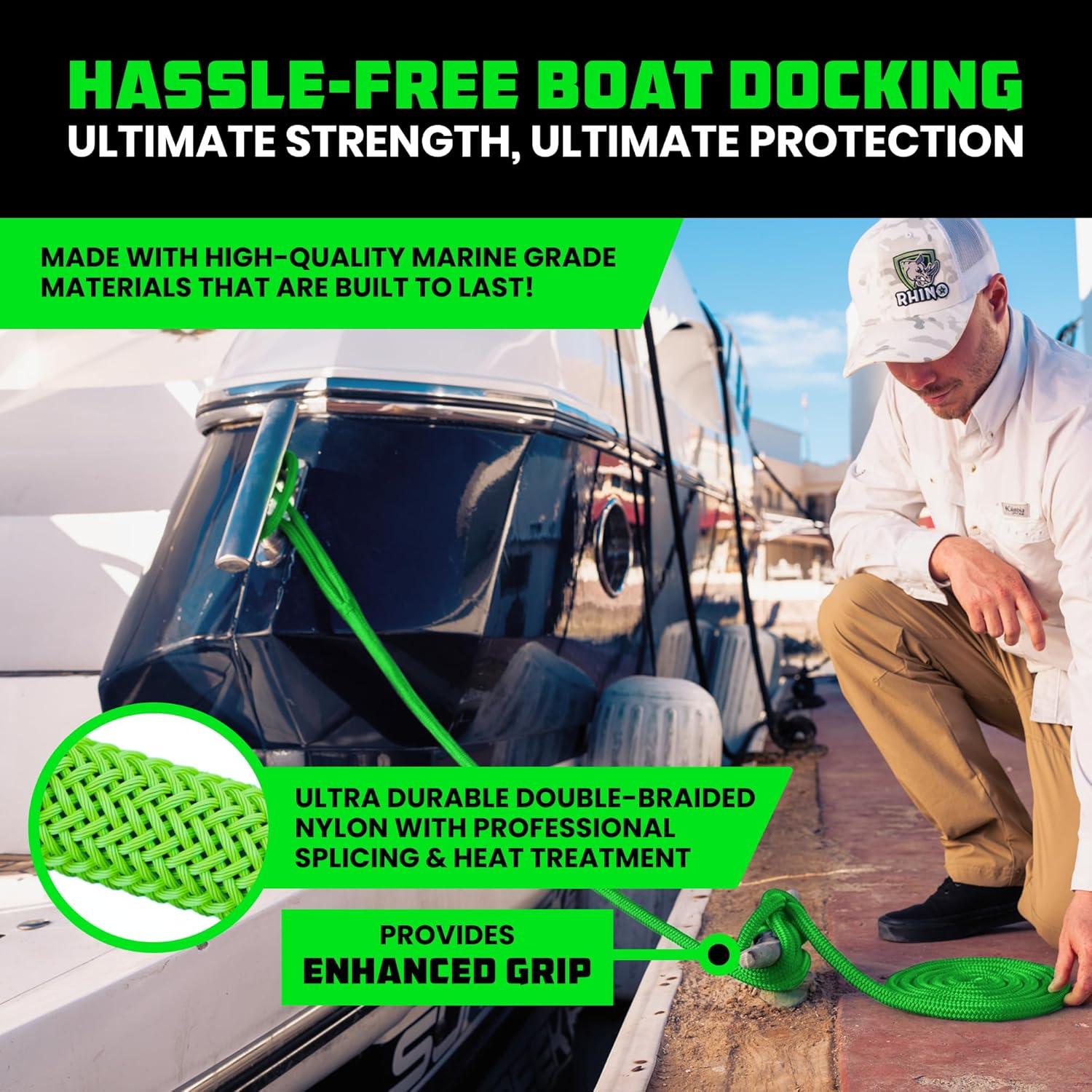 imageRhino USA 12quot x 16 Dock Lines  Heavy Duty Marine Grade Rope for Boats Kayaks Pontoons Fishing and More Ultimate Boating Accessory  BlackGreen