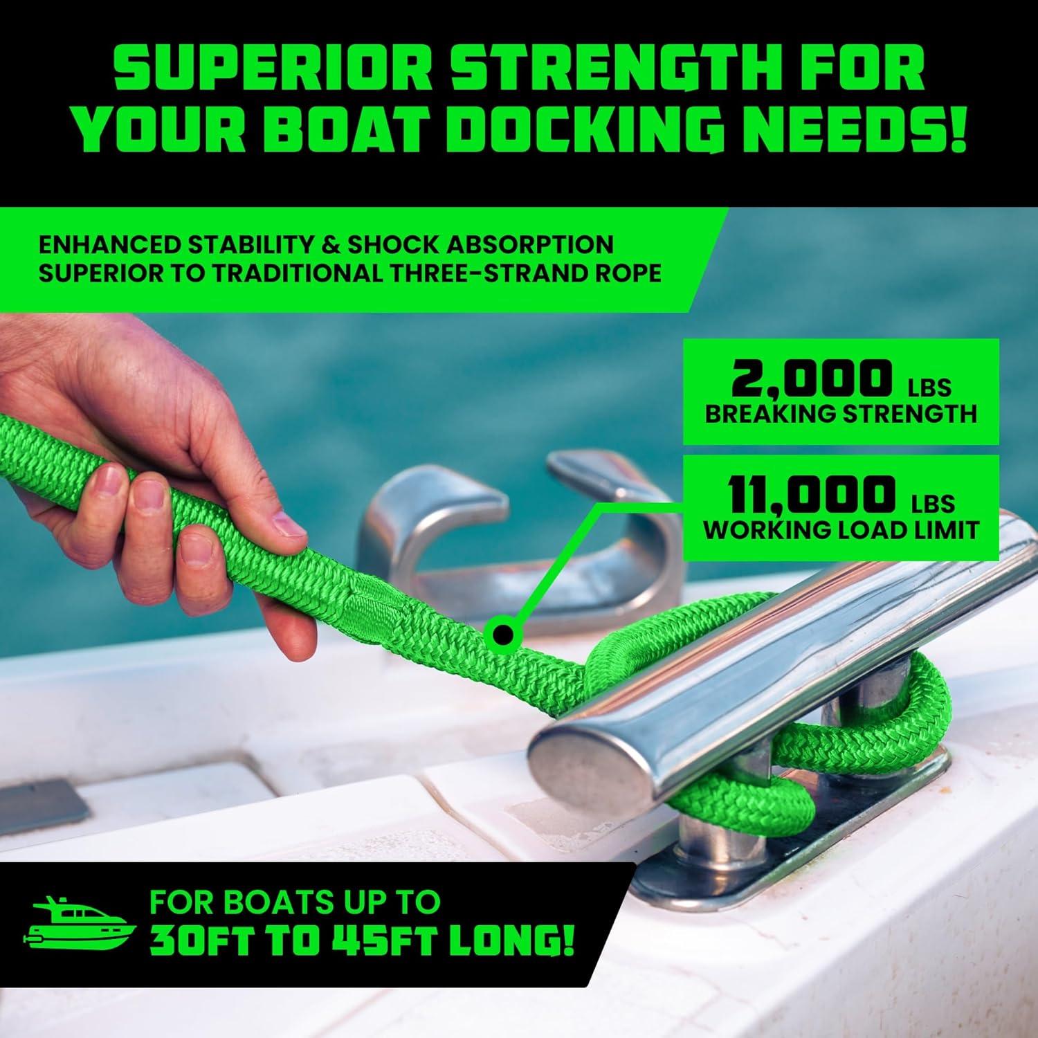 imageRhino USA 12quot x 16 Dock Lines  Heavy Duty Marine Grade Rope for Boats Kayaks Pontoons Fishing and More Ultimate Boating Accessory  BlackGreen