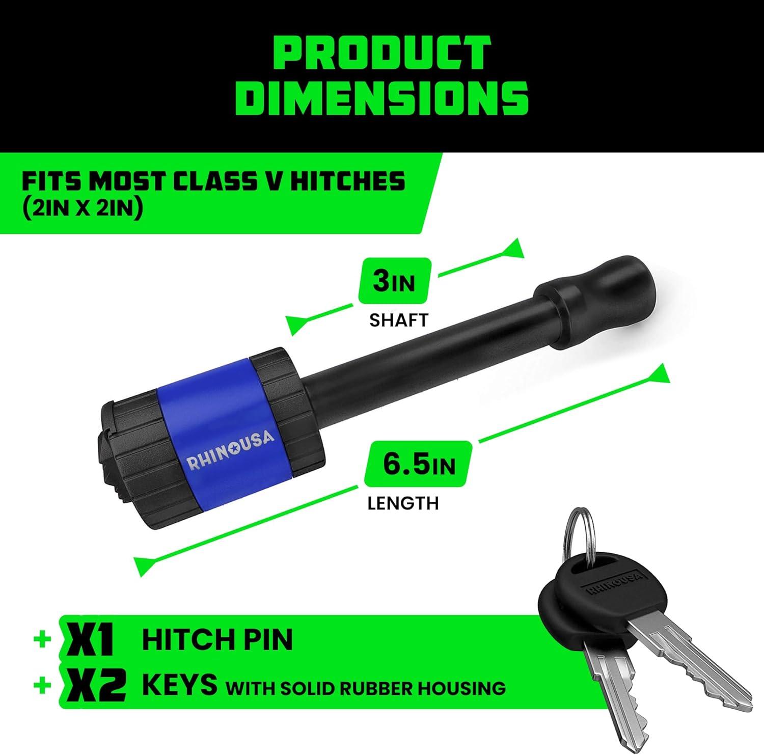 imageRhino USA 2 Trailer Hitch Pin  Patented Locking Receiver Pin for Class IIIIV Hitches  Weatherproof AntiTheft DebrisProtected  Tow Truck Ready  Blue 1PKBlue