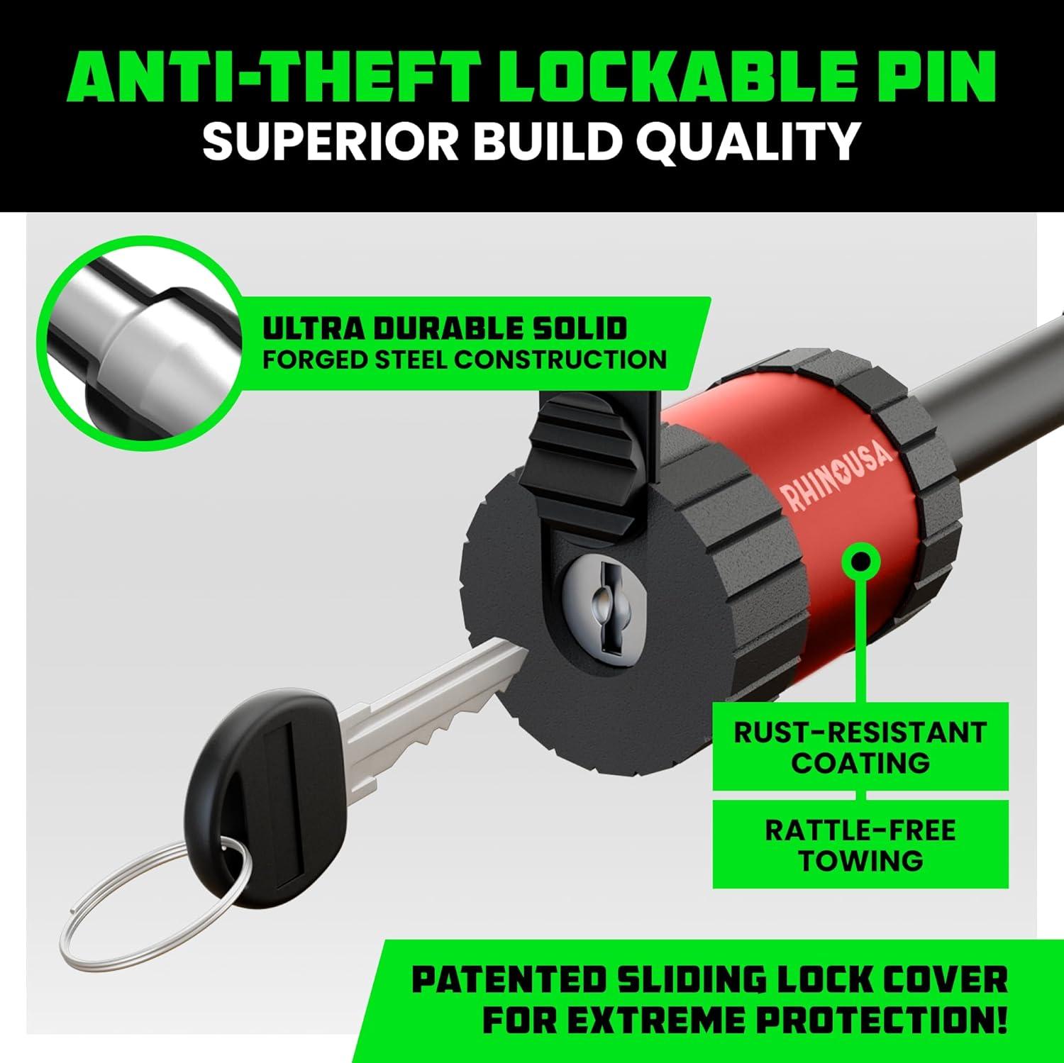 imageRhino USA 2 Trailer Hitch Pin  Patented Locking Receiver Pin for Class IIIIV Hitches  Weatherproof AntiTheft DebrisProtected  Tow Truck Ready  Blue 1PKRed