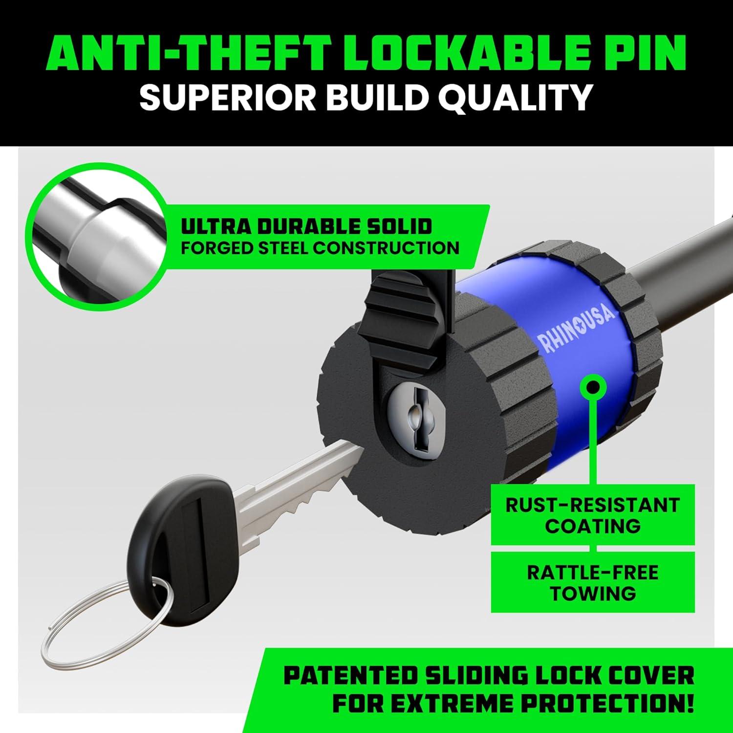 imageRhino USA 2 Trailer Hitch Pin  Patented Locking Receiver Pin for Class IIIIV Hitches  Weatherproof AntiTheft DebrisProtected  Tow Truck Ready  Blue 1PKBlue