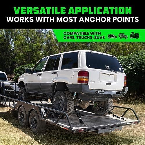 imageRhino USA Car Tie Down Straps for Trailers with J Hooks 4Pack  2quot x8 10000lb Break Strength  Heavy Duty Car Hauler Tire Straps with Axle Straps for UTV Powersports ampamp More  GreenBlack