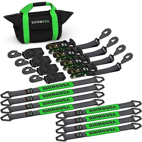 imageRhino USA Car Tie Down Straps for Trailers with J Hooks 4Pack  2quot x8 10000lb Break Strength  Heavy Duty Car Hauler Tire Straps with Axle Straps for UTV Powersports ampamp More  GreenBlack