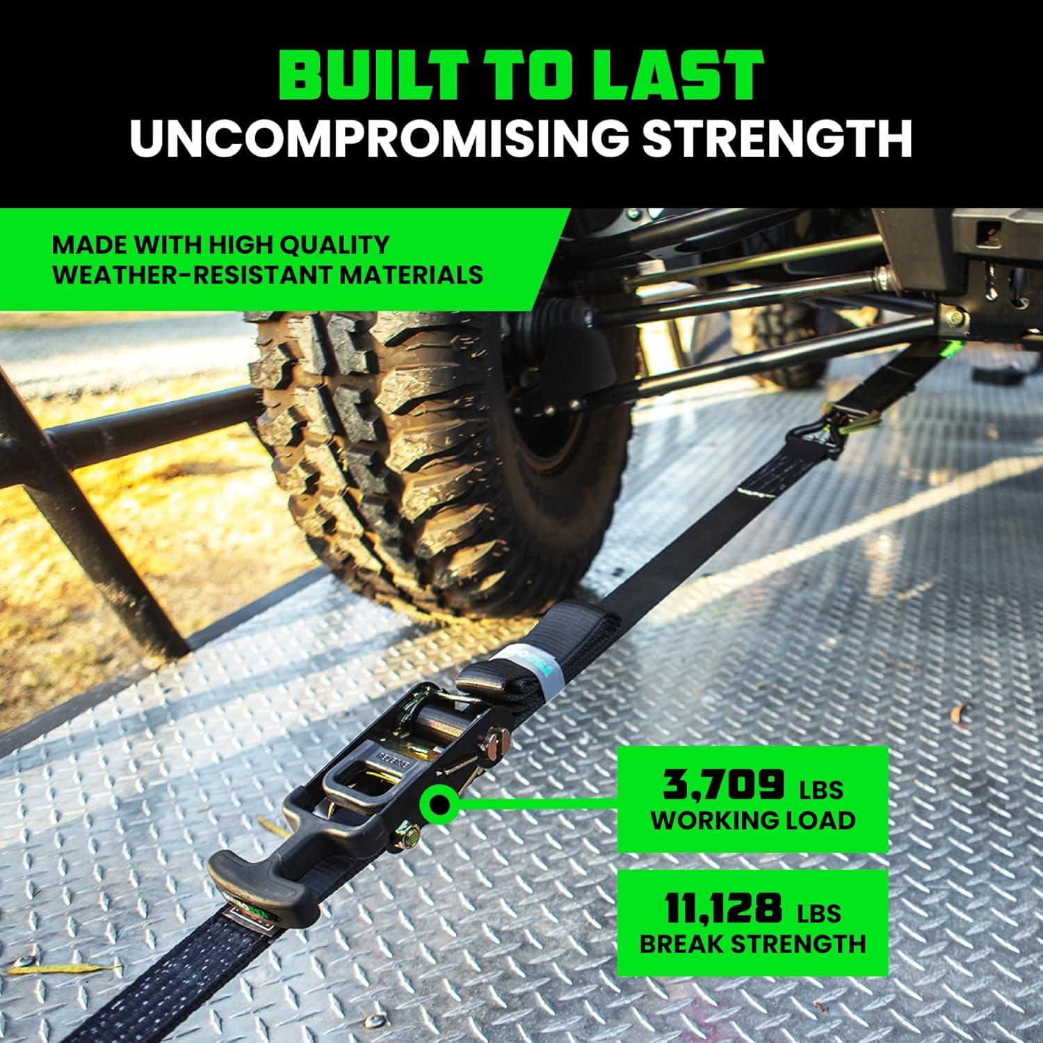 imageRhino USA Car Tie Down Straps for Trailers with J Hooks 4Pack  2quot x8 10000lb Break Strength  Heavy Duty Car Hauler Tire Straps with Axle Straps for UTV Powersports ampamp More  GreenBlack