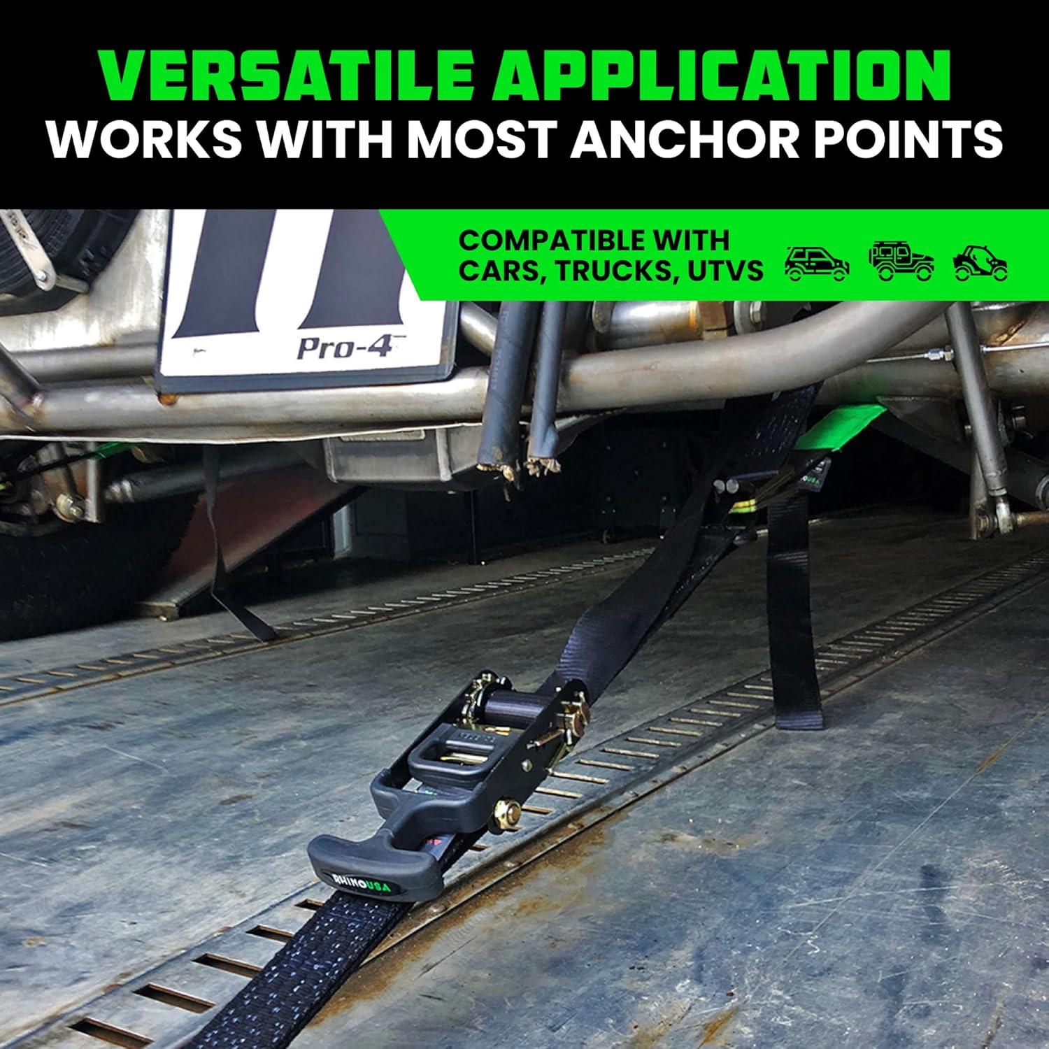 imageRhino USA Car Tie Down Straps for Trailers with J Hooks 4Pack  2quot x8 10000lb Break Strength  Heavy Duty Car Hauler Tire Straps with Axle Straps for UTV Powersports ampamp More  GreenBlack