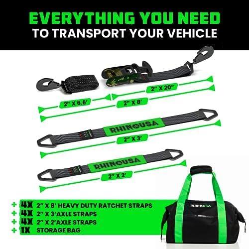 imageRhino USA Car Tie Down Straps for Trailers with J Hooks 4Pack  2quot x8 10000lb Break Strength  Heavy Duty Car Hauler Tire Straps with Axle Straps for UTV Powersports ampamp More  GreenBlack