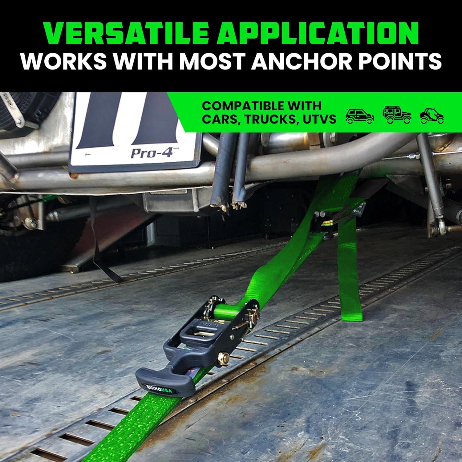 imageRhino USA Car Tie Down Straps for Trailers with J Hooks 4Pack  2quot x8 10000lb Break Strength  Heavy Duty Car Hauler Tire Straps with Axle Straps for UTV Powersports ampamp More  GreenGreen