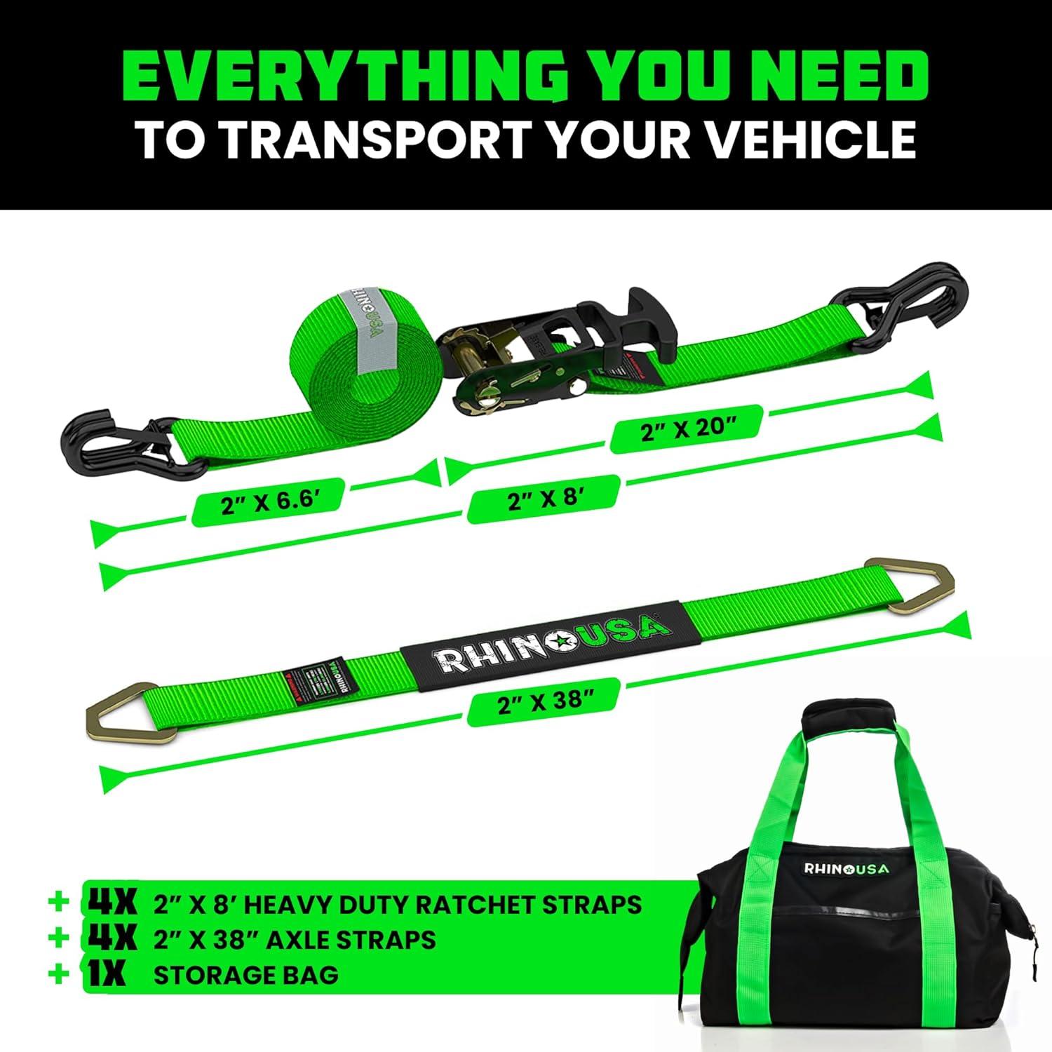 imageRhino USA Car Tie Down Straps for Trailers with J Hooks 4Pack  2quot x8 10000lb Break Strength  Heavy Duty Car Hauler Tire Straps with Axle Straps for UTV Powersports ampamp More  GreenGreen