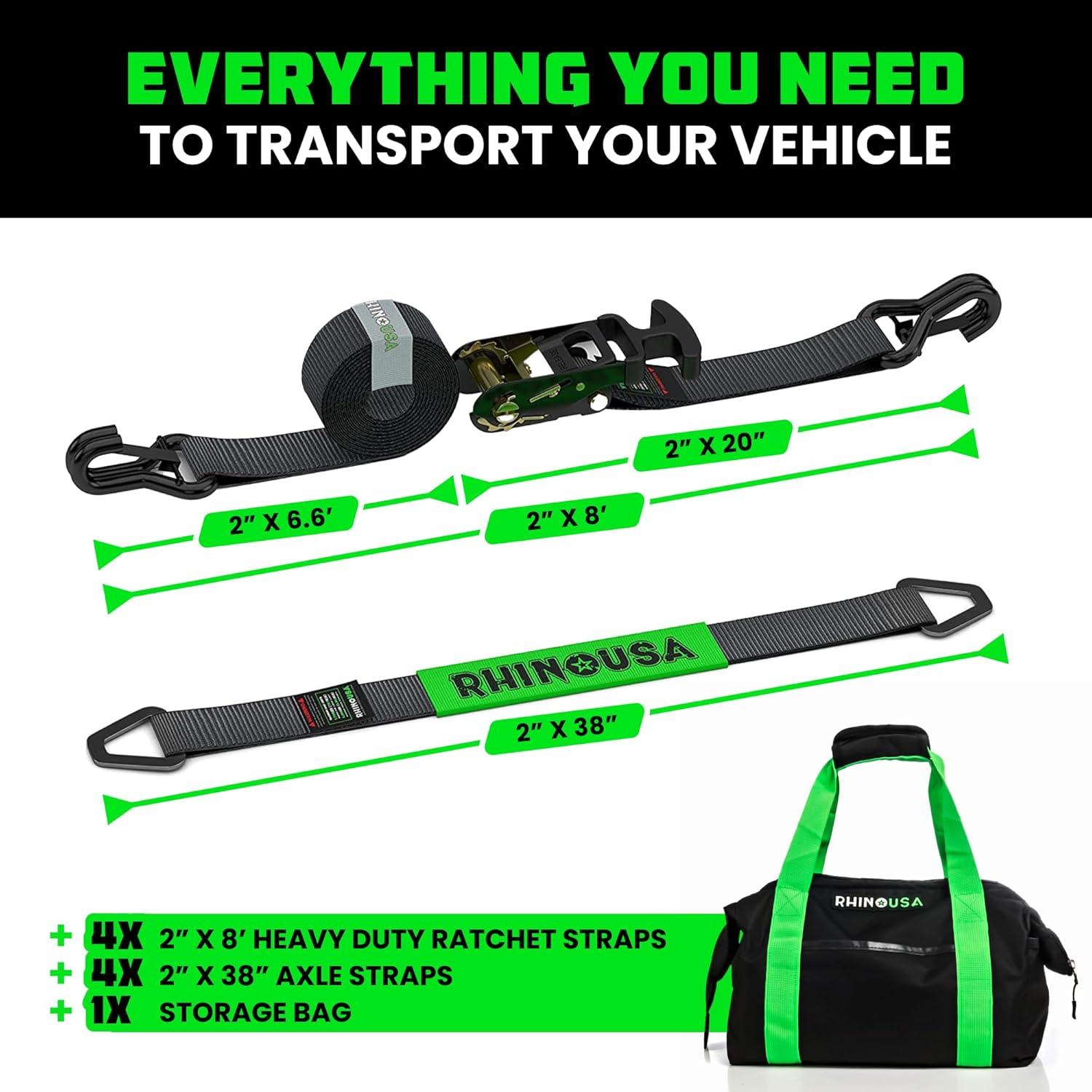 imageRhino USA Car Tie Down Straps for Trailers with J Hooks 4Pack  2quot x8 10000lb Break Strength  Heavy Duty Car Hauler Tire Straps with Axle Straps for UTV Powersports ampamp More  GreenBlack