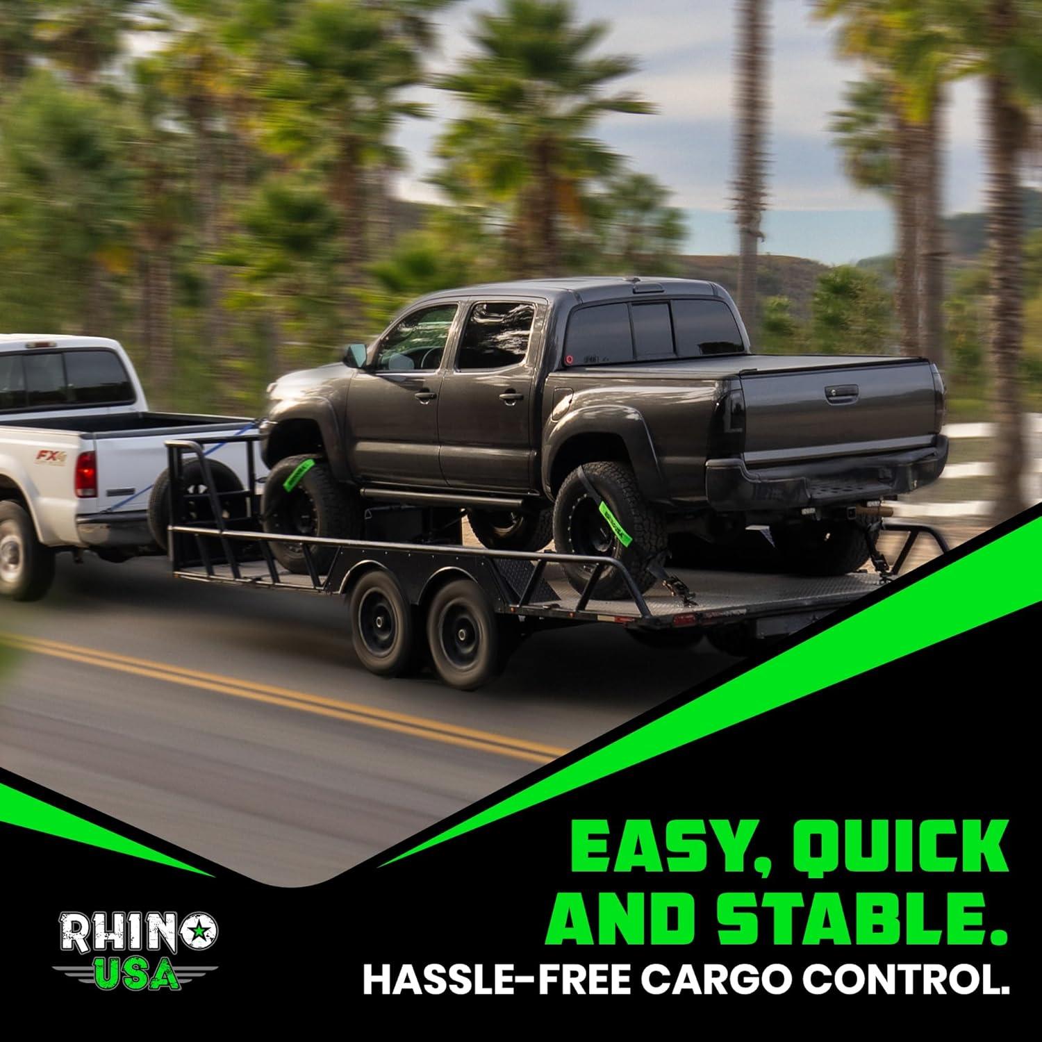 imageRhino USA Car Tie Down Straps with Flat Hooks  4 Pack 2quot x8  10000lbs Break Strength  Heavy Duty THandle Car Hauler Tire Lasso Wheel Straps for Trailers UTV ampamp Powersports  BlackBlack