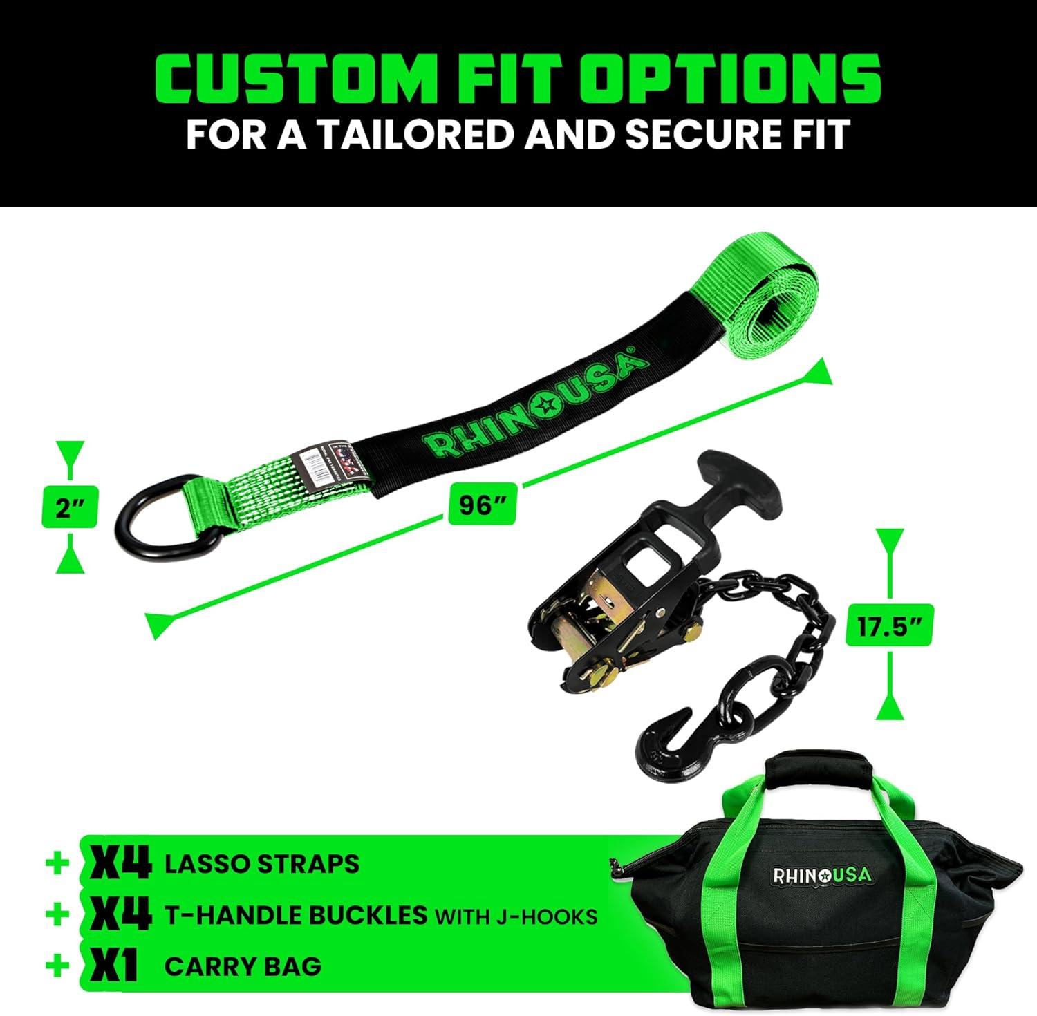imageRhino USA Car Tie Down Straps with Flat Hooks  4 Pack 2quot x8  10000lbs Break Strength  Heavy Duty THandle Car Hauler Tire Lasso Wheel Straps for Trailers UTV ampamp Powersports  BlackGreen