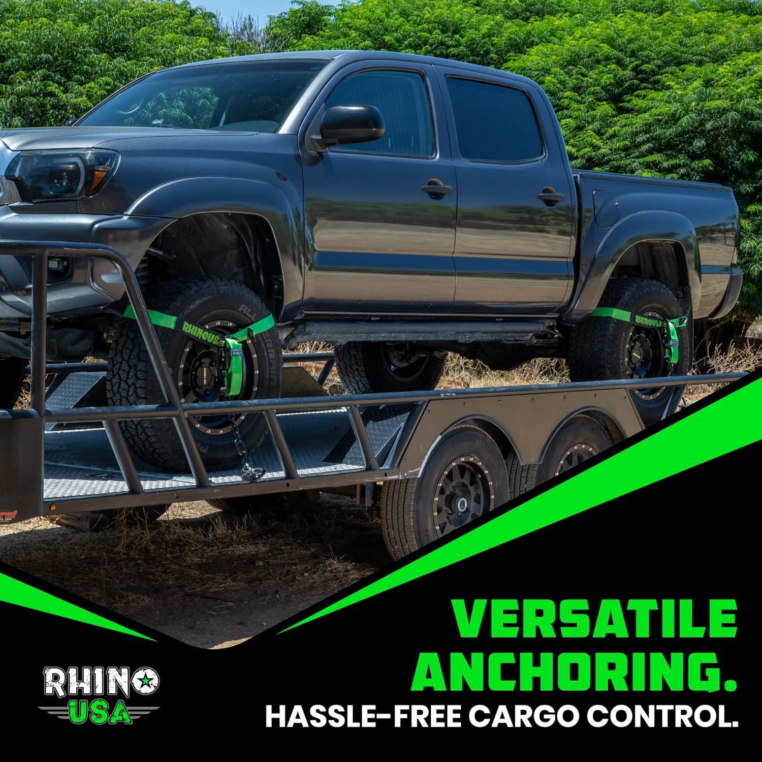 imageRhino USA Car Tie Down Straps with Flat Hooks  4 Pack 2quot x8  10000lbs Break Strength  Heavy Duty THandle Car Hauler Tire Lasso Wheel Straps for Trailers UTV ampamp Powersports  BlackGreen