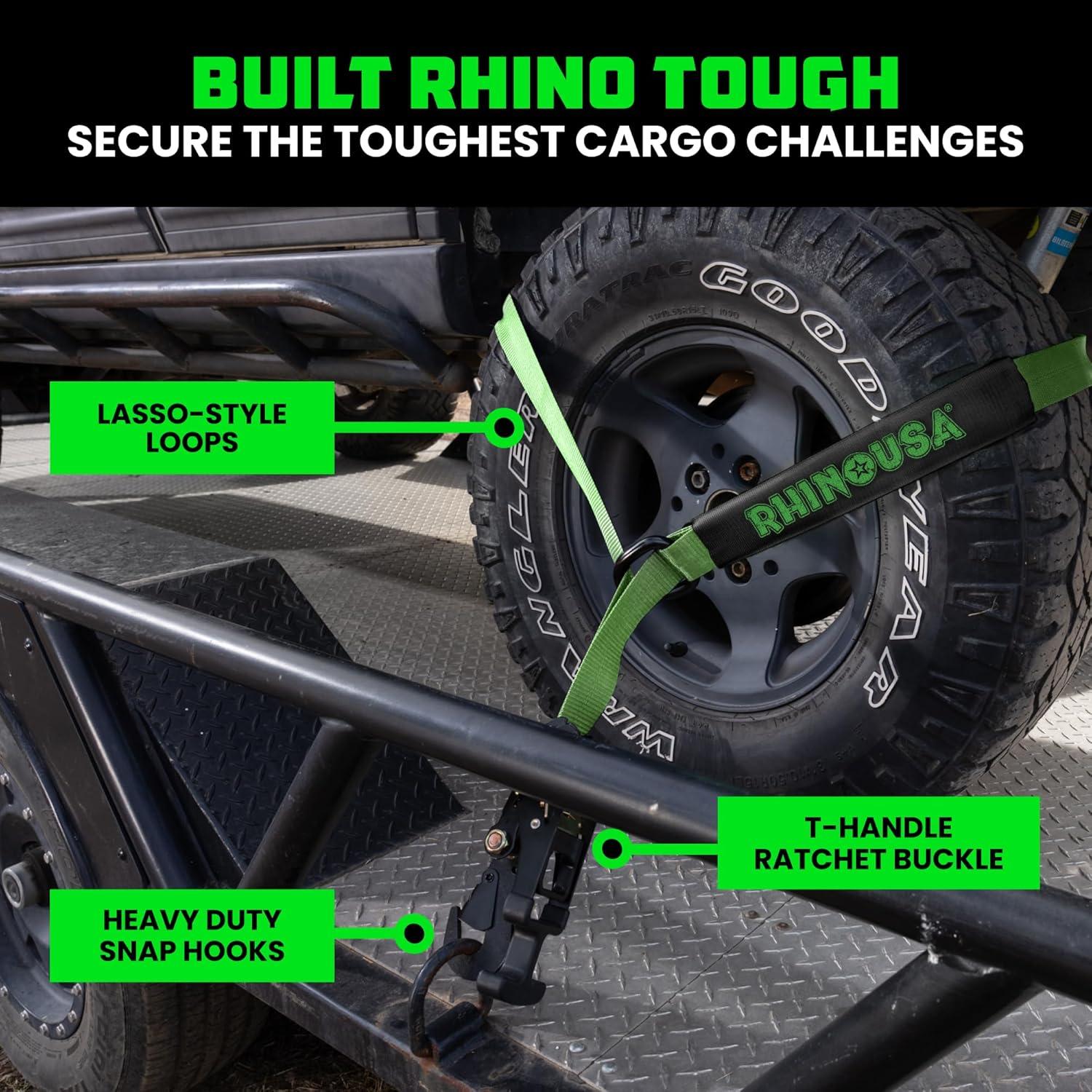 imageRhino USA Car Tie Down Straps with Flat Hooks  4 Pack 2quot x8  10000lbs Break Strength  Heavy Duty THandle Car Hauler Tire Lasso Wheel Straps for Trailers UTV ampamp Powersports  BlackGreen