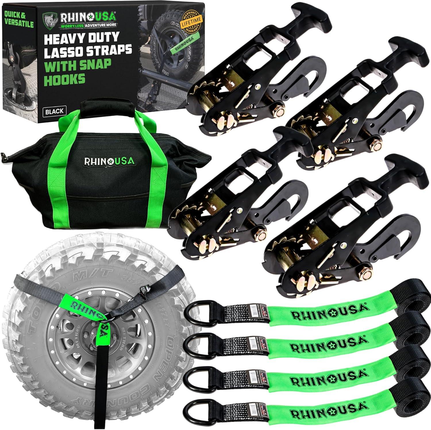 imageRhino USA Car Tie Down Straps with Flat Hooks  4 Pack 2quot x8  10000lbs Break Strength  Heavy Duty THandle Car Hauler Tire Lasso Wheel Straps for Trailers UTV ampamp Powersports  BlackBlack